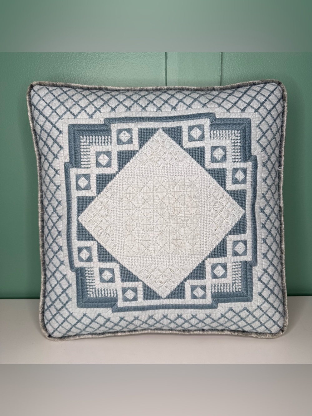 Cross Stitch Diamond Pattern Vintage Throw Pillow Blue Embroidery Velvet Back